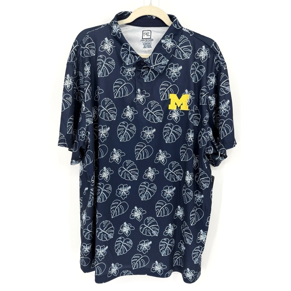 Pro Edge ~University Of Michigan Golf Polo Shirt Men's 2XL Hawaiian Floral Print